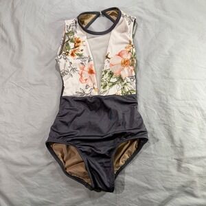 Chelsea B Girls Floral Mesh V-Neck Keyhole Back Dance Leotard Child Large Grey